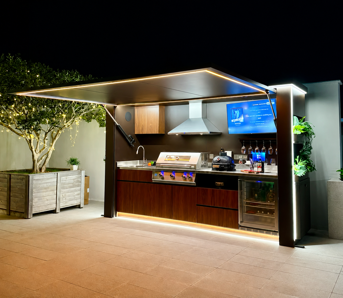 FLAMMENATELIER Outdoor Kitchen Pod — Atmosphäre bei Abendlicht